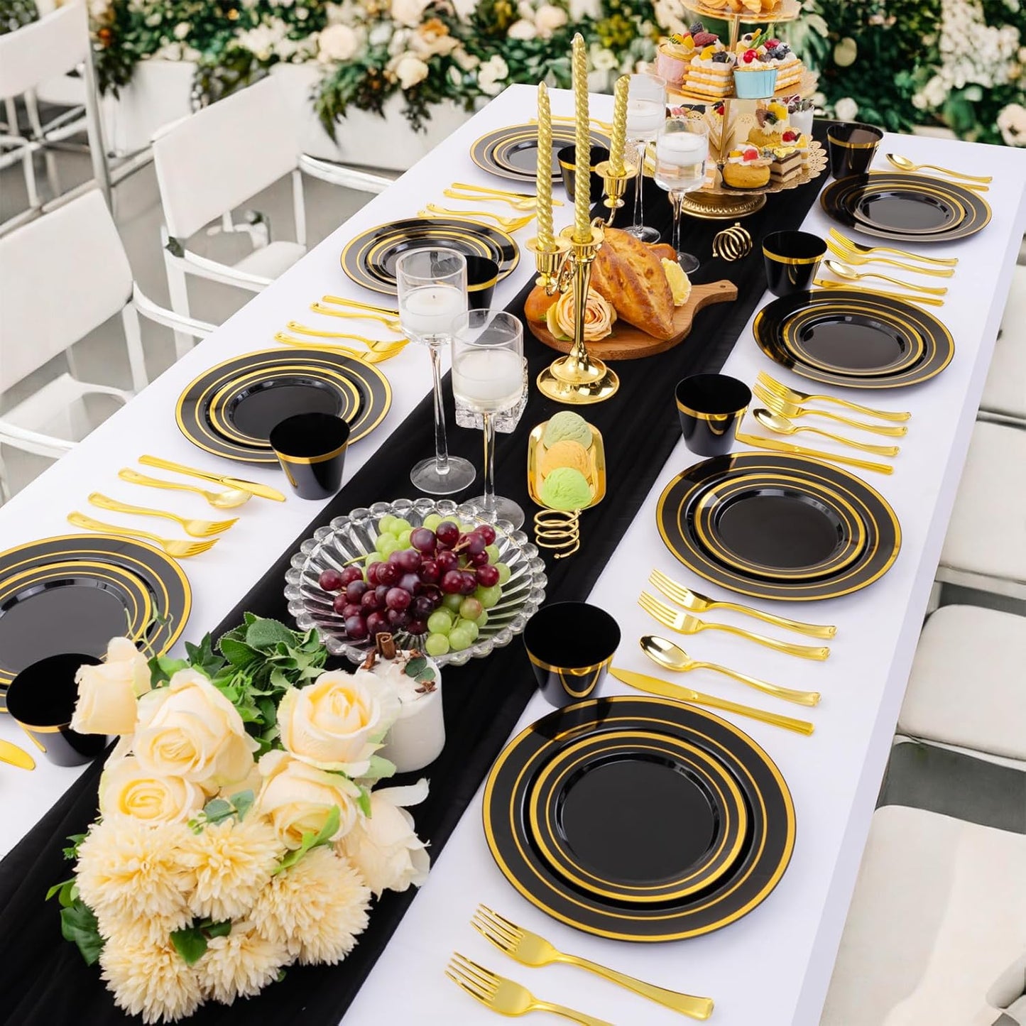 WELLIFE 450 PCS Black and Gold Disposable Dinnerware Set for 75 Guests, Plastic Plates for Party, Gold rimmed Dinner Salad Plates,Cups,Silverware Set for Halloween Party and Celebration