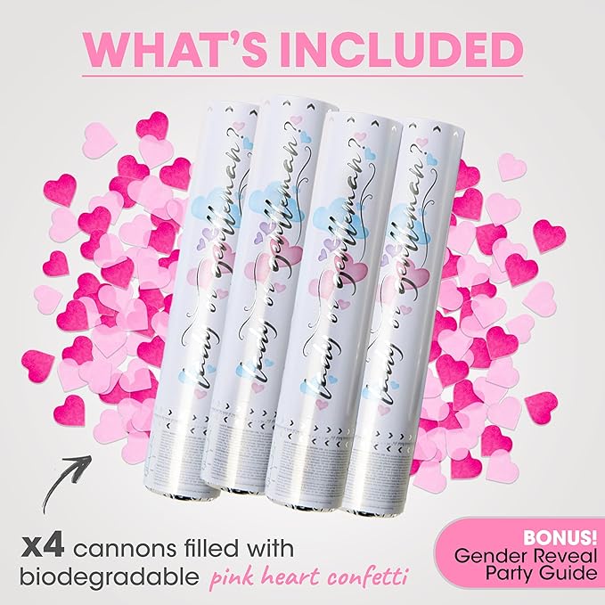 PrimePure Gender Reveal Confetti Cannon - Biodegradable Heart Shaped Confetti Poppers - Pink, 4 Pack - Baby Girl Gender Reveal Party Poppers - Pink Paper Baby Party Supplies Pop Gun