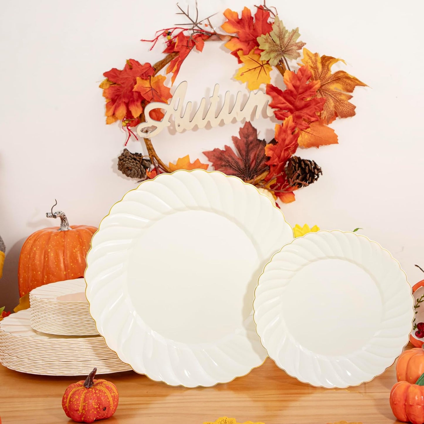U-QE 60 Pcs Thanksgiving Plates Disposable – Ivory Scalloped Plastic Plates with Gold Trim – Elegant Plastic Plate Include 30 10.25" Dinner & 30 7.25" Dessert Plate for Party, Friendsgiving & Fall