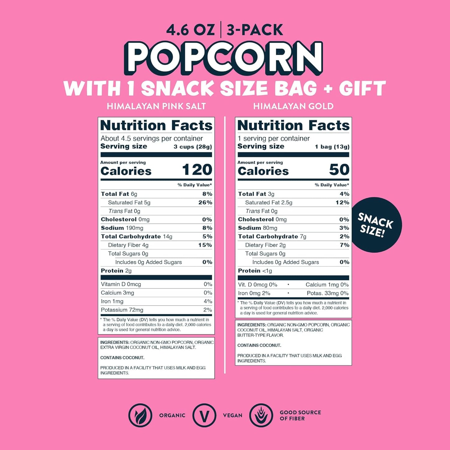 LesserEvil Himalayan Pink Salt and Himalayan Gold Organic Popcorn, Premium Quality, Minimally Processed, 3 4.6oz Bags of Himalayan Pink Popcorn and 1 0.46oz Bag of Himalayan Gold Popcorn
