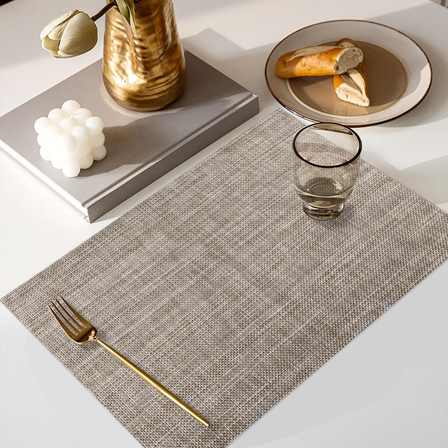 Vinyl Placemats Set of 8, PVC Woven Washable Non-Slip Table Mats, Heat Resistant Wrinkle Free Place Mats for Dining Table, Easy to Clean (8, Cappuccino)
