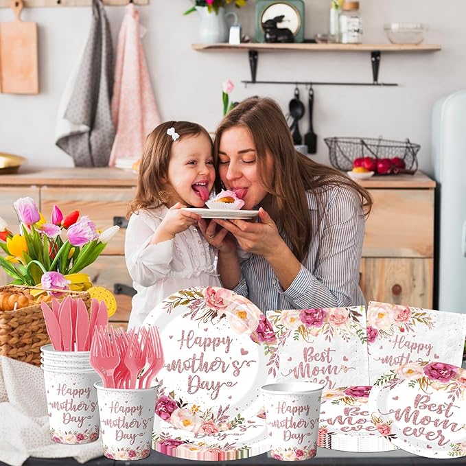 Mothers Day Paper Plates and Napkins Set, 144Pcs Floral Theme Disposable Tableware for 24 Guests, Includes Dinner Plates, Dessert Plates, Luncheon Napkins for Party Decorations