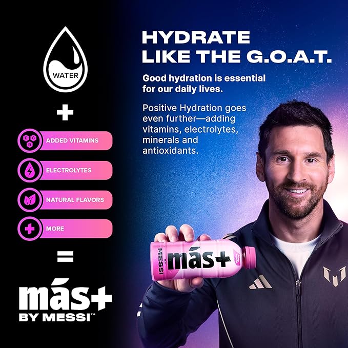 Más+ by Messi 16.9oz Miami Punch, Sports Drink & Hydration Beverage, Natural Flavors with Vitamins and Electrolytes, No Artificial Sweeteners or Colors, 12-pack