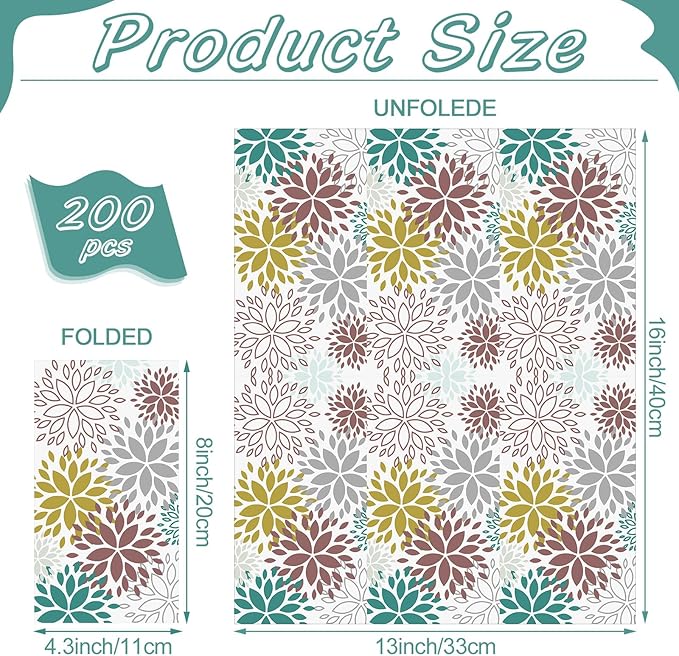 Karenhi 200 Pcs Floral Hand Paper Towel 2 Ply Dahlia Flower Guest Napkins Spring Guest Paper Napkins for Bathroom Disposable Hand Towels for Wedding Bridal Baby Shower Birthday