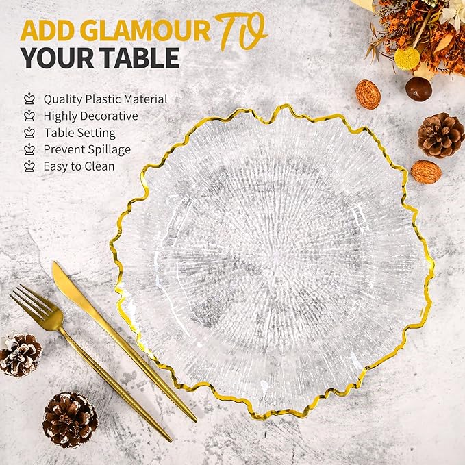 50 Pcs Clear Charger Plates Bulk 13 Inch Plastic Charger Plates for Dinner Plate, Clear with Gold Rim Chargers for Table Setting, Reef Design Plate Floral Decor Round Chargers for Wedding Party Event