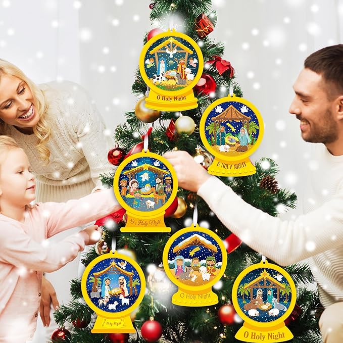 Frienda 48 Set Christmas Shaking Nativity Snow Globe Craft Kit Make a Jesus Birth Snowglobe Stickers Ornament Bulk with Glitter Sequins Papers for Xmas Tree Decor Religious Classroom Game Activities