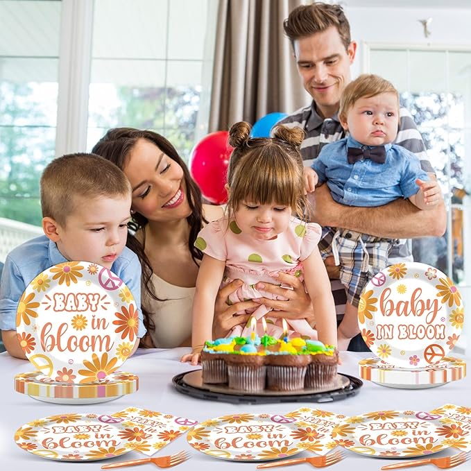 96Pcs Baby in Bloom Baby Shower Party Supplies Floral Shower Groovy Floral Paper Plates Napkins Hippie Party Decorations Boho Daisy Dinnerware Favor Tableware Serves 24