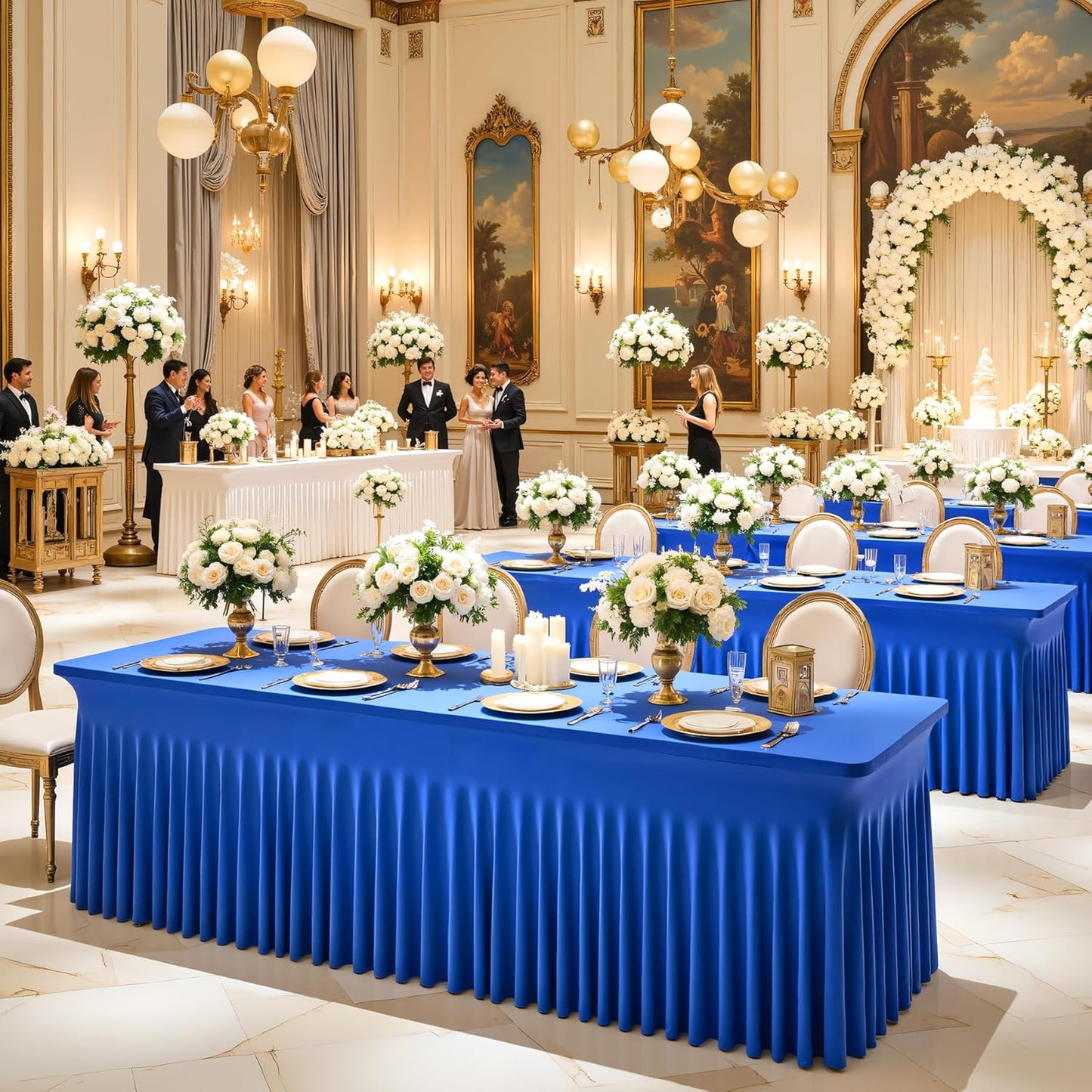 6 Pack 8ft Royal Blue Spandex Table Cloths for Rectangle Tables Wrinkle Free Rectangle Tablecloths, Stretch Fitted Table Cover with Skirt for Birthday Party Wedding Banquet Baby Shower Buffet Event