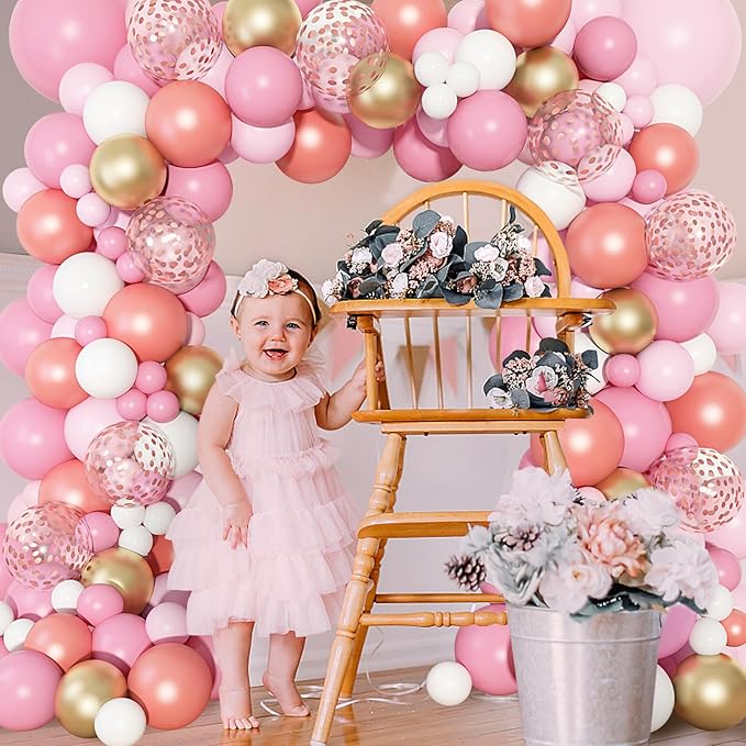 140Pcs Rose Gold Pink Balloons Garland Arch Kit, Light Pink Rose Gold Confetti Balloons for Women Girls Birthday Baby Shower Wedding Graduation Bachelorette Mother's Valentine's Day Party Decorations