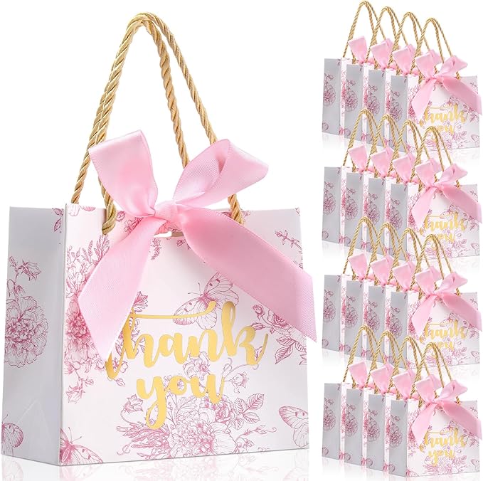 Kolldenn 40 Pcs Small Thank You Floral Gift Bags 5.5''x 2.4''x 4.7'' Pink White Paper Party Favor Bag with Handle Chinoiserie Floral Bag Bulk with Ribbon for Wedding Birthday Bridal Baby Shower