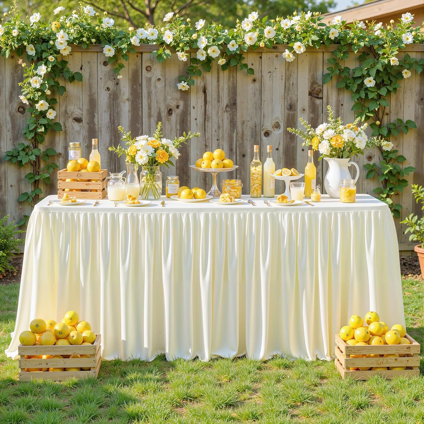 Cream White Table Clothes for Rectangle Tables 6ft, Wrinkle Resistant Fitted Table Cloth with Pleated Ruffle Skirts for Banquet Wedding Baby Shower Folding Tables