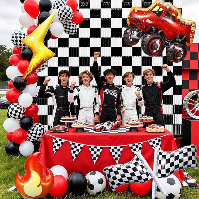 2 Packs Race Car Foil Fringe Curtain, Black White Checkered Glitter Metallic Tinsel Backdrop for Birthday, Baby Shower, Racing Car Truck One Happy Dude Party Decorations Supplies