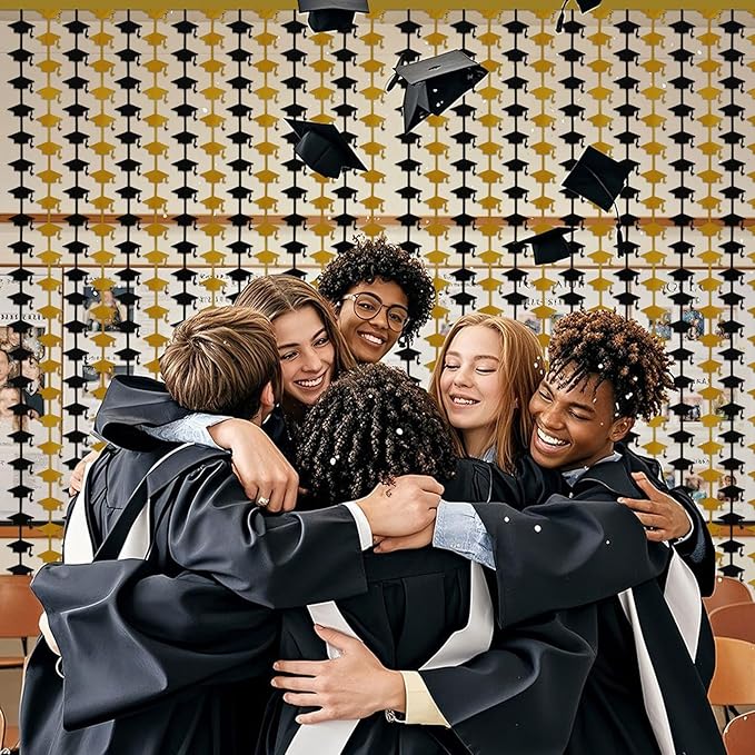 Graduation Party Decorations - 2 Packs Black and Gold Foil Fringe Streamers Curtains for College High School Graduate, Glitter Graduation Hats Backdrop Decorations(3.3x6.6 ft)