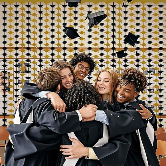 Graduation Party Decorations - 2 Packs Black and Gold Foil Fringe Streamers Curtains for College High School Graduate, Glitter Graduation Hats Backdrop Decorations(3.3x6.6 ft)