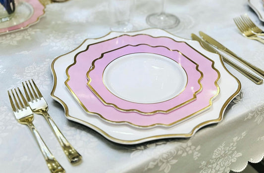 " OCCASIONS " 240 Plates Pack (120 Guests) Heavyweight Wedding Party Disposable Plastic Plates Set -120 x 10.5'' Dinner + 120 x 8'' Salad/Dessert Plate (Imperial in Light Pink & Gold)