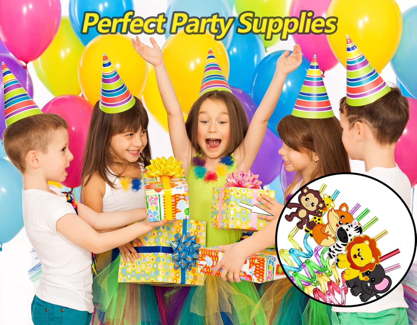 24pcs Forest Animals Crazy Shape Straws, Drink Cocktail Straws for Lion Fox Zebra Giraffe Monkey Safari Birthday Party Supplies Party Favors, Woodland Party Favors with 2 Cleaning Brushes 8 Colors