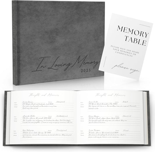 Funeral Guest Book for 2025 Celebration Of Life Memorial Service - Leather Memory Book for Funeral Guests to Sign In with Condolence Memory Table Sign & Back Pocket - Gray Guestbook