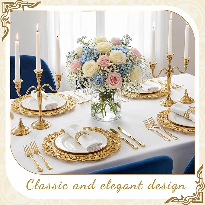 12 Pcs Vintage Gold Charger Plates Bulk 13 Inch Embossed Rim Plastic Round Decorative Plates Charger for Dinner Wedding Party Event Table Setting Decoration (Hollowed out Wave)
