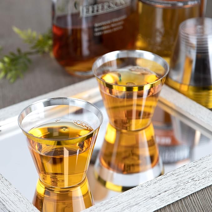 PLASTICPRO 9 oz Disposable Plastic Party Cups,Old fashioned Designed Tumblers, With gold Rim 200 Count, Crystal Clear