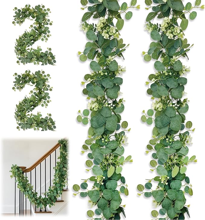 4 Pack Eucalyptus Garland, 5.9Ft Artificial Flowers and Leaves Greenery Garlands for Table, Faux Greenery Garland,Wedding Decorations, Party Decorations, Table Mantel Bedroom Wall Decoration