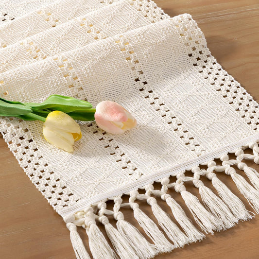 Socomi Boho Table Runner Fall Thanksgiving Farmhouse Rustic Dining Kitchen Centerpiece Decor Small Macrame Woven Cotton Linen Coffee Table Runner for Dresser Scarf Home Decor 12x60 inch Cream Ivory