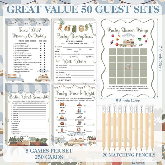Patelai 321 Pcs Baby Shower Games Supplies, 5 Sets (50 Cards Each) Activities Cards with 20 Pencils 1 Don't Say Baby Sign 50 Clothespin (Locally Grown)