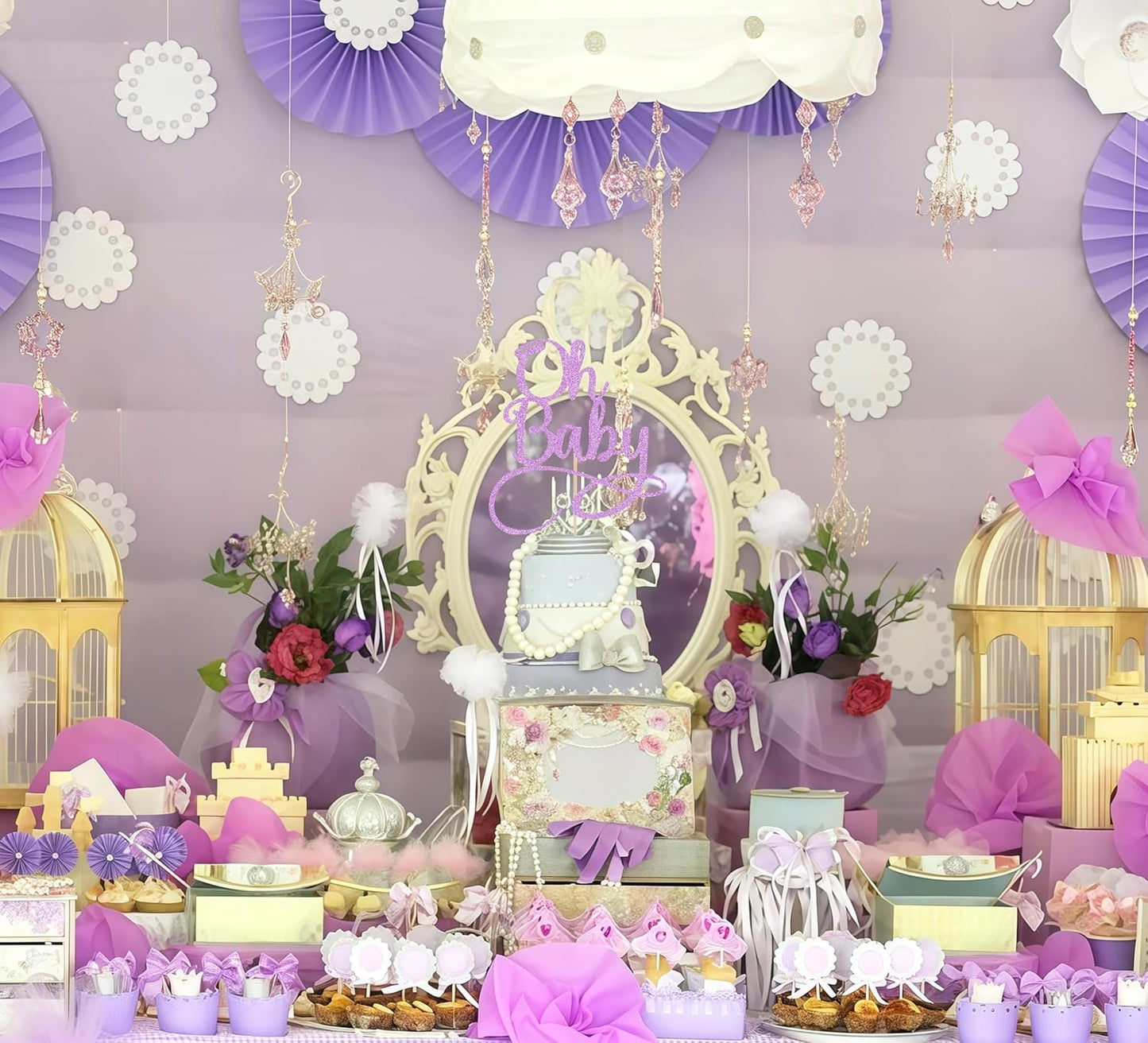 Oh Baby Cake Topper - Purple Glitter Baby Birthday Party Cake Decoration Supplies, for Baby Shower/Gender Reveal Party Photo Booth Props
