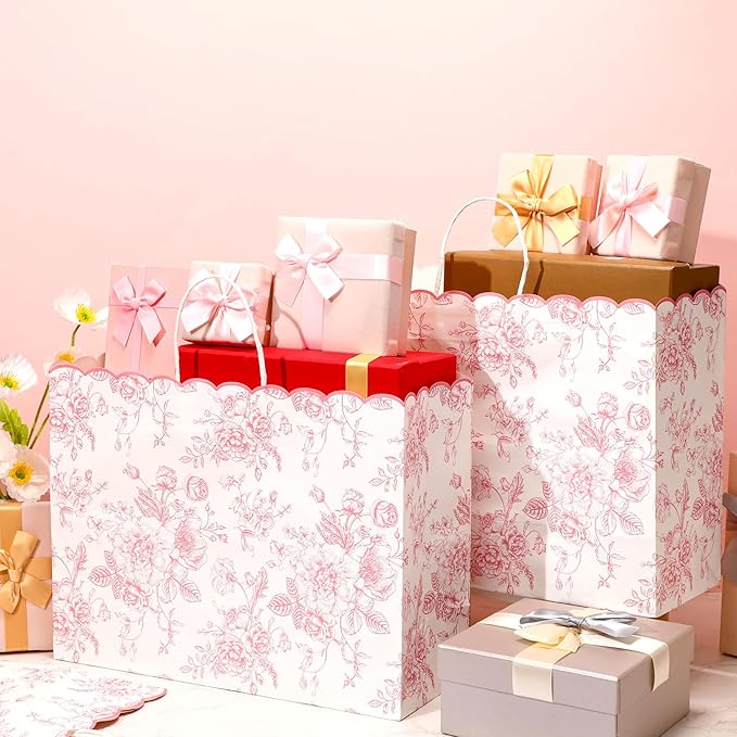 Kolldenn 24 Pcs Pink Floral Party Favor Bags with Handles 16 x 6 x 12 Inch Extra Large Scalloped Wildflower Goodie Candy Gift Treat Bags for Birthday Decoration for Bridal Baby Shower Party Supplie