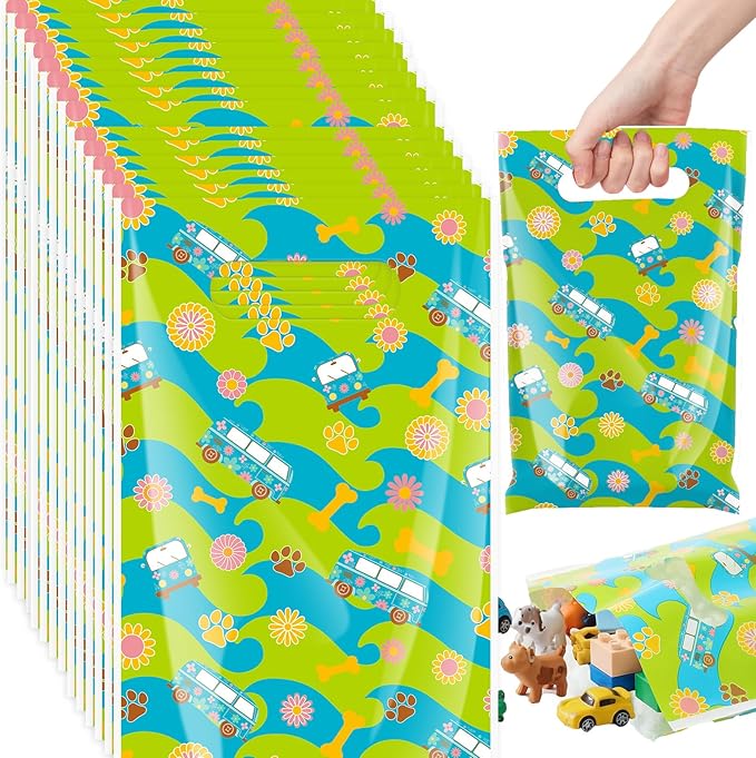 Frienda 100 Pcs Mysterious Dog Party Plastic Gift Bags with Handles 9.84''x6.5'' Cartoon Car Dog Goodie Bags Groovy Retro Daisy Flower Gift Candy Treat Favors for Picnic Summer Birthday Party Supplies