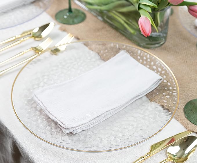 [Clear Hammered With Gold Rim 4 Pack] 13'' Charger Plates Clear Hammered With Gold Rim Plastic Heavy Duty Disposable Dinner Chargers Serveware Dishes Platters Tableware for parties, Weddings
