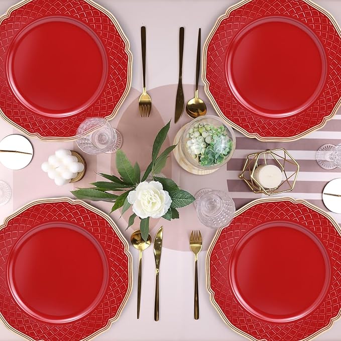 Red Scallop Charger Plates, Set of 6 Plastic Wedding Bulk Plate Charges for Dinner Plates, Table Decoration, Holiday, Thanksgiving, Christmas.