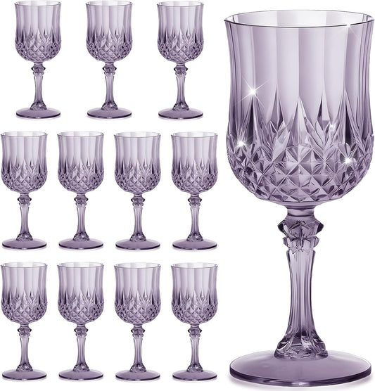 12PCS 7OZ Dark Purple Wine Plastic Glasses Drinking Champagne Glasses Flutes Crystal Vintage Water Unbreakable Goblets for Halloween, Chrismas, Wedding, Parties