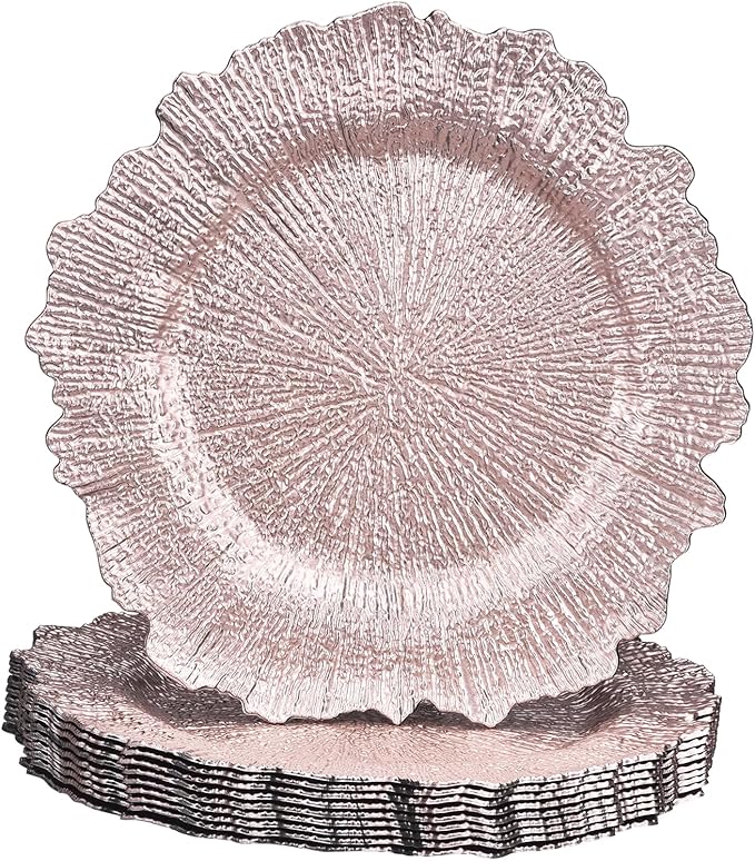 uxcell 10pcs Reef Charger Plates Bulk, 13 Inch Plastic Floral Charger Plates, Round Plate Chargers for Dinner Wedding Party Event Table Setting Decoration Rose Gold
