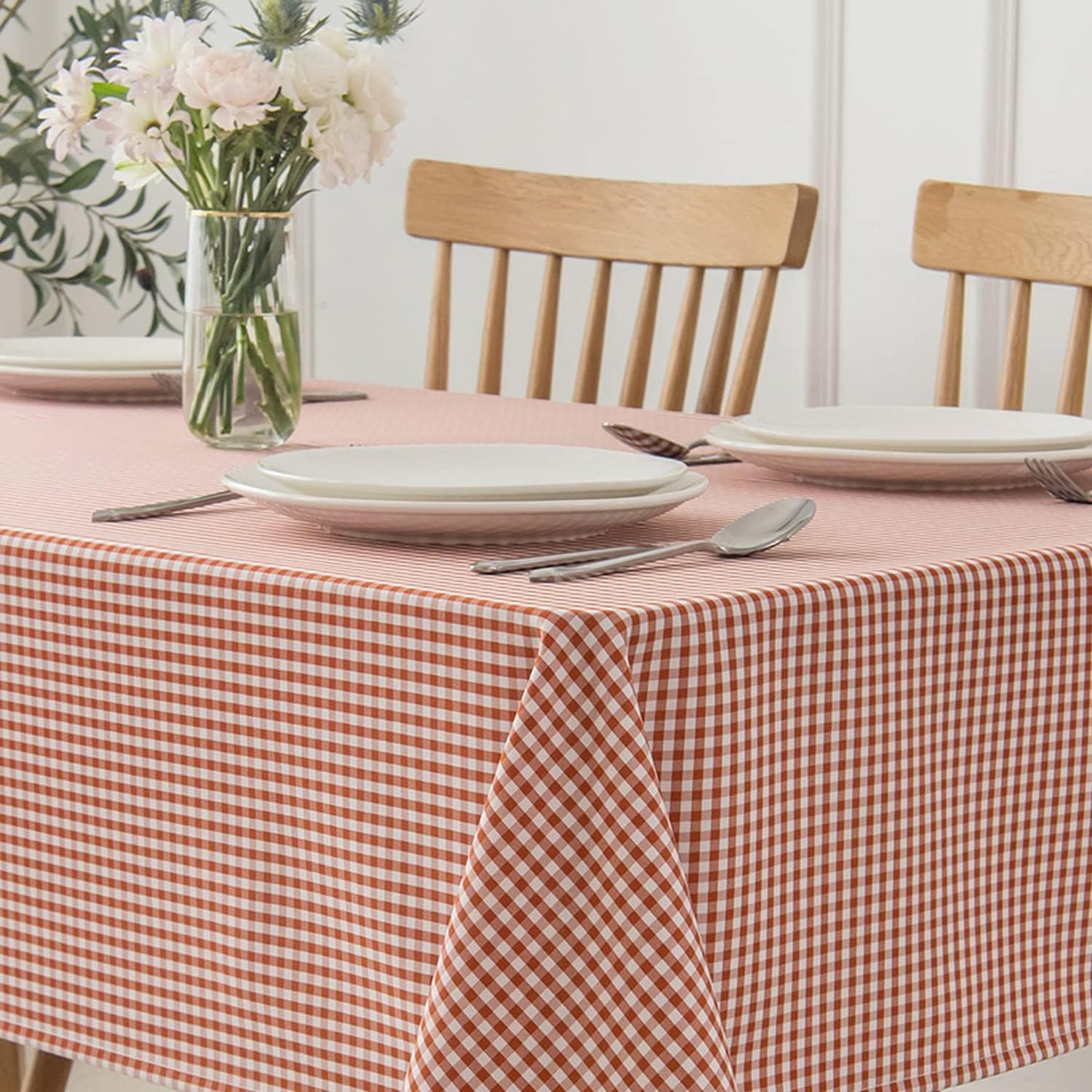 maxmill Checkered Square Tablecloth Waterproof Spillproof Wrinkle Resistant Heavy Weight Soft Gingham Dining Room, Kitchen Table Cloth for Picnic Dinner and Party, 60 x 60 Inch Rust White