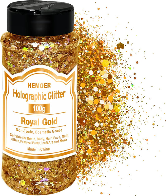 HEMOER Royal Gold Glitter, 100g/3.5oz Holographic Chunky Glitter Mixed Hexagon Chunky & Fine Flakes Iridescent Sequins for Epoxy Crafts, Resin, Nail Body, Tumblers, Party Decoration