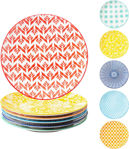 Ceramic Salad Plates Set - 8.5 Inch Small Round Kitchen Dinner Dishes Scratch Resistant Porcelain Microwave Dishwasher Safe - for Sandwich Dessert Pasta Appetizer - Set of 6 - Assorted Colors