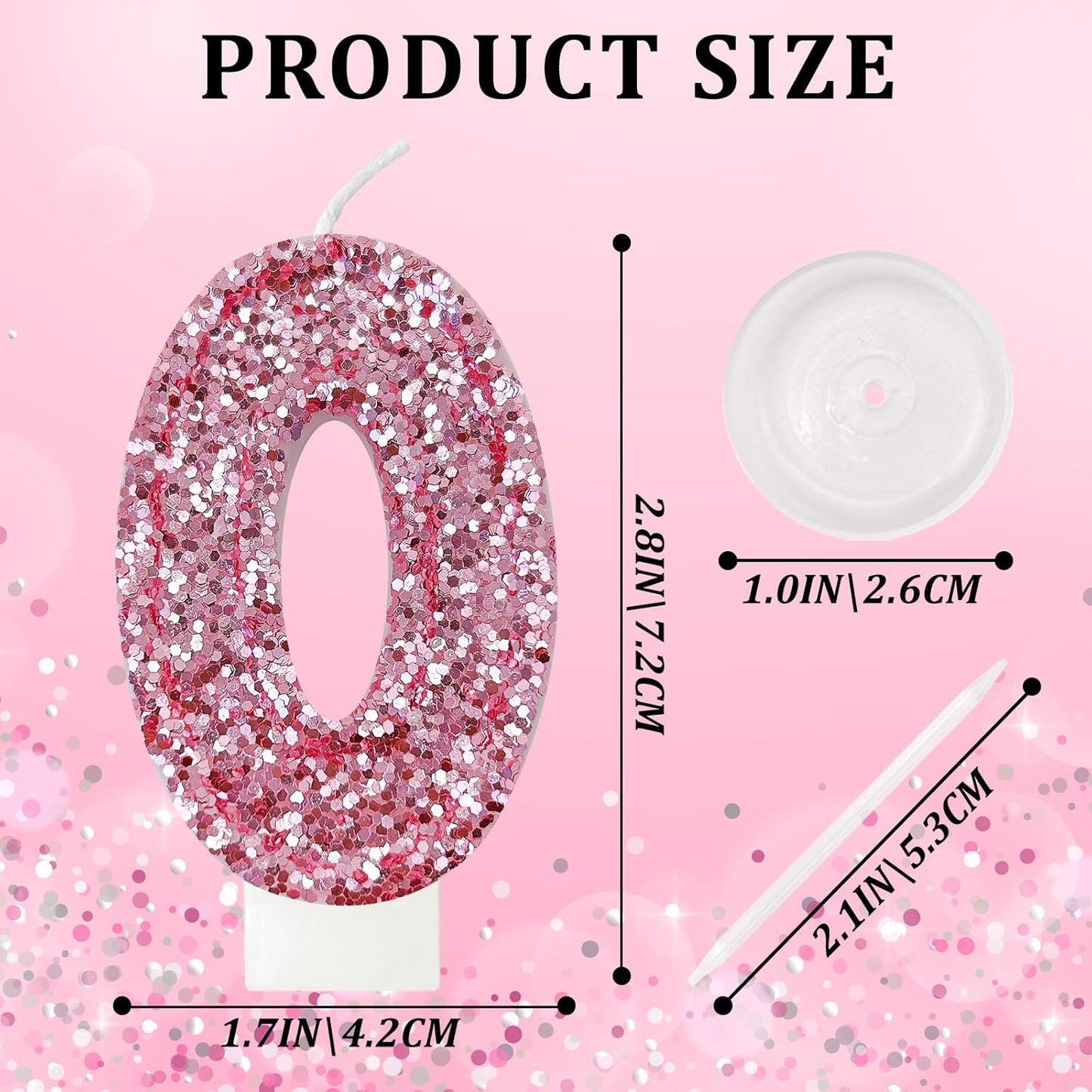 Birthday Number Candles, Glitter Number Candle Cake Decorations with Sequins, Cupcake Decorations for Girls, Women, Party Anniversary Celebrations (Number 0, Pink)