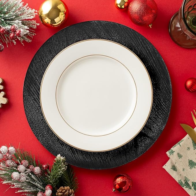 13" Black Faux Wood Charger Plates, Round Rustic Charger for Dinner Plates, Table Chargers Plate Bulk for Parties, Family Dinners, 6Pcs