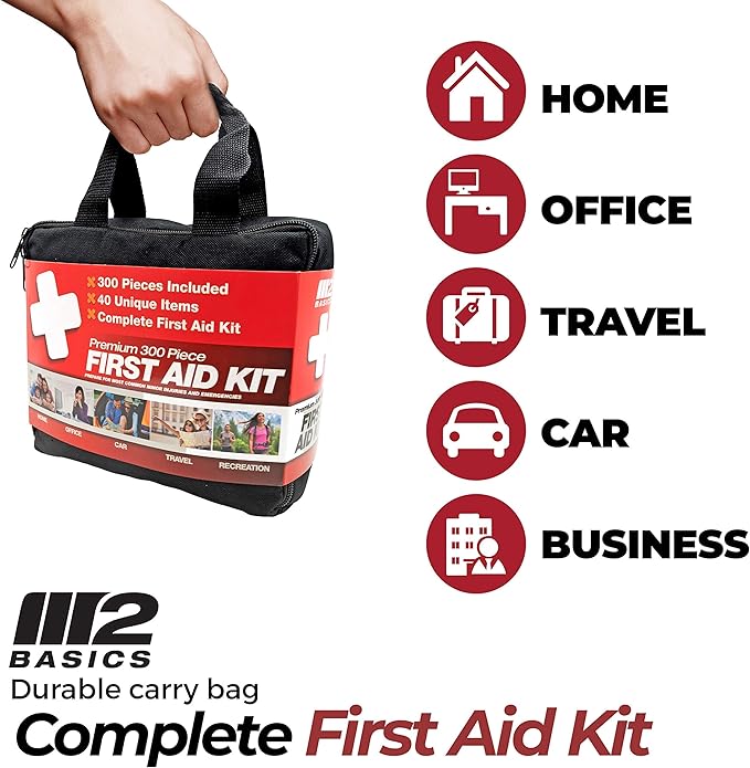 M2 BASICS Premium First Aid Kit, 300 Pieces, 40 Unique Items – First Aid Kit for Home, Car, Vehicles, Business, Travel, Outdoors, Camping, Travel Sports – Durable Bag, Emergency Medical Supplies