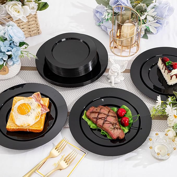100Pcs Black Plastic Dessert Plates, Disposable Salad Plate, Premium Hard Fancy Small Plates, Heavy Duty Plastic Cakes Plates for Party, Wedding and Birthday