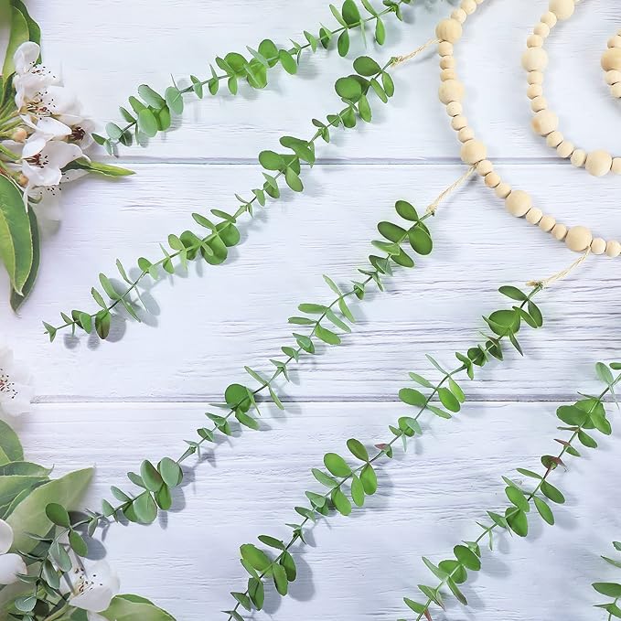 Hanging Eucalyptus Boho Wall Decor Large Boho Bedroom Wall Hanging Wooden Bead Garland Artificial Eucalyptus Natural Greenery Decoration, 36 x 36 Inch