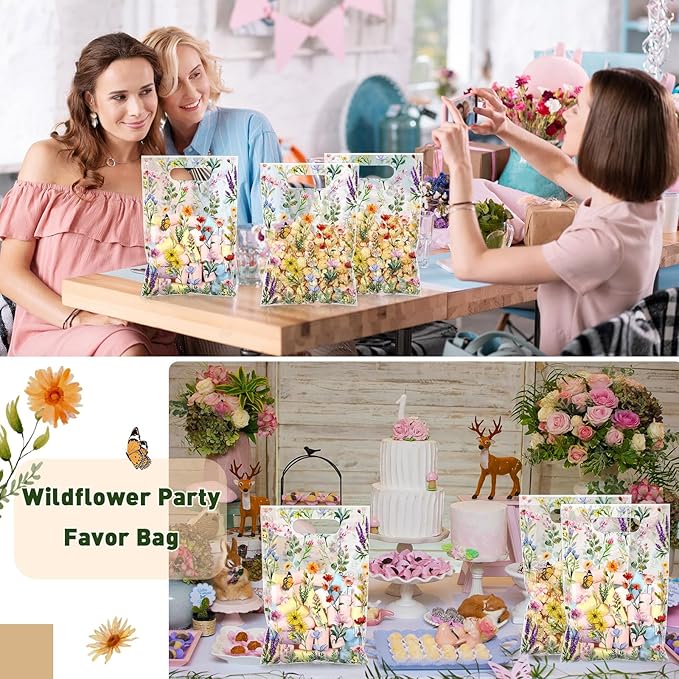 Bulyoou 100 Pcs Wildflower Gift Bags Vintage Wildflower Party Favor Bag with Handle Plastic Goodie Candy Treat Gift Wrapping for Wedding Baby Shower Birthday Party Favors Supplies(Vintage)