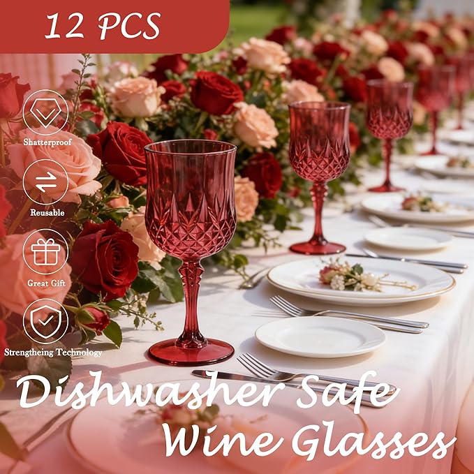 Plastic Wine Glasses, Plastic Goblets Vintage Style Cordial Unbreakable Drinking Glasses, Reusable Drinkware for Wedding Reception, Grand Event Party Supplies, Easter (12, Scarlet Rose)