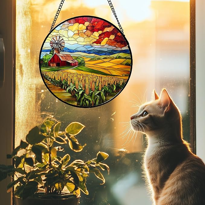 Stained Glass Window Hanging Autumn Farm Corn Harvest Landscape Large 15" - Suncatcher Garden Door Sun Catcher Home Decor Birthday Christmas for Woman Mom Friend Men Nana