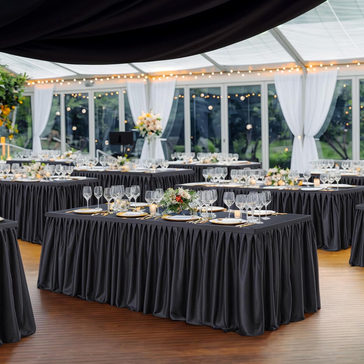 Black Polyester Table Clothes for 8 Foot Rectangle Tables, Wrinkle Free Fitted Table Cover with Pleated Ruffle Table Skirt for Birthday Party Wedding Trade Show Event Display