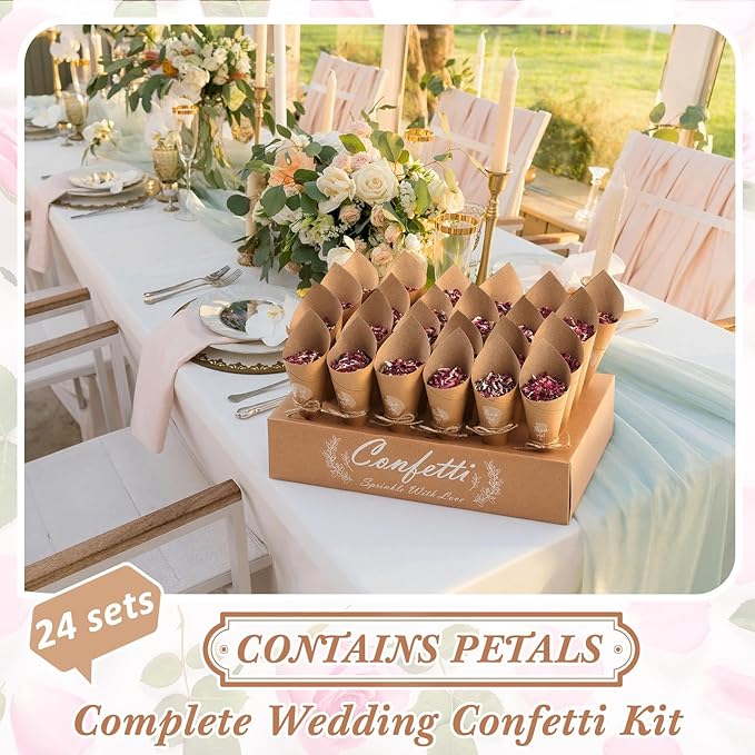 1 Sets Wedding Confetti Cones with 150g (5.29 Oz) Biodegradable Dried Flowers Rose Petal - 30 Kraft Paper Cones, Tray & Stickers for Wedding, Bridal Shower, Engagement Party, Baby Shower