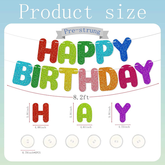 Rainbow Happy Birthday Banner,with adhesive hooks,colorful gradient letter party banner,Glitter Decor,Kids Baby Adults Birthday Decorations Party Supplies(Pre-Strung)
