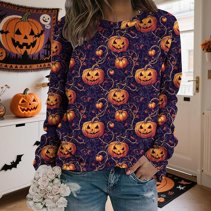 LIZALIG Pullover Cute Sweatshirt Orange Skeleton Fall Festive FunWomens Design Bat Holiday Party Outings Pumpkin Print
