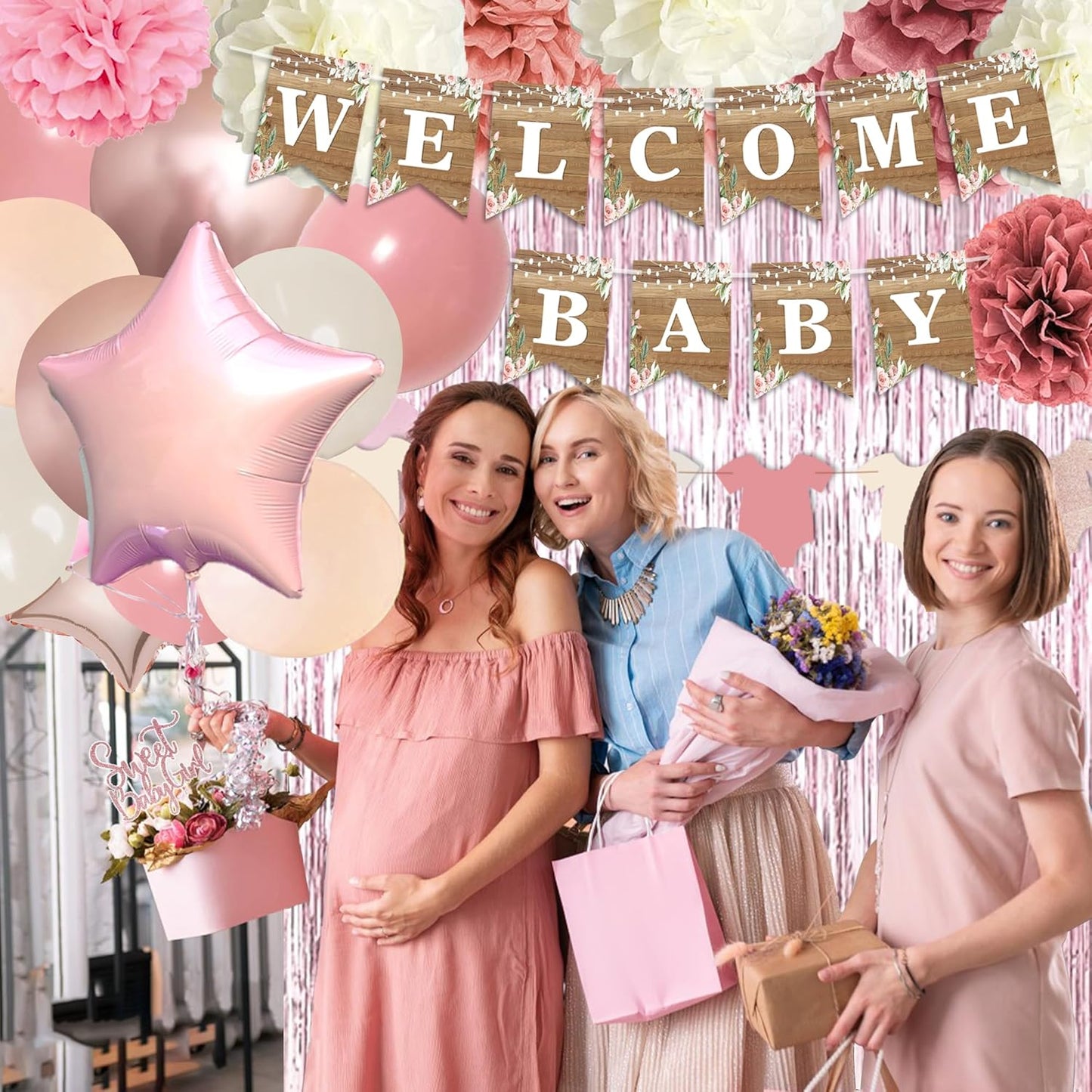 Dusty Pink Baby Shower Decoration, Girl Baby Shower Decor Set with Welcome Baby Banner, Sweet Baby-girl Cake Topper,Tissue Pom Poms,Retro Blush Rosegold Balloon,Boho Baby Gril Shower Party Supplies