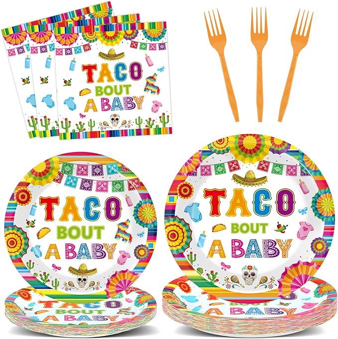 96Pcs Taco Baby Shower Party Supplies Taco Bout A Baby Paper Plates Napkins Dia De Los Muertos Mexican Fiesta Party Decorations Day of The Dead Dinnerware Favor Boys Girls Tableware Serves 24